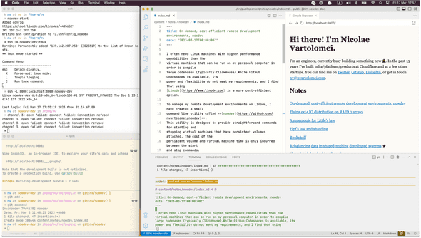 Screenshot of iTerm2 tmux integration and VS Code SSH extension side-by-side connected to a remote development environment